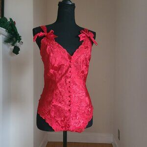 VTG Victoria’s Secret Gold Label Red Satin Jacquard Teddy M Lace Bows Holiday